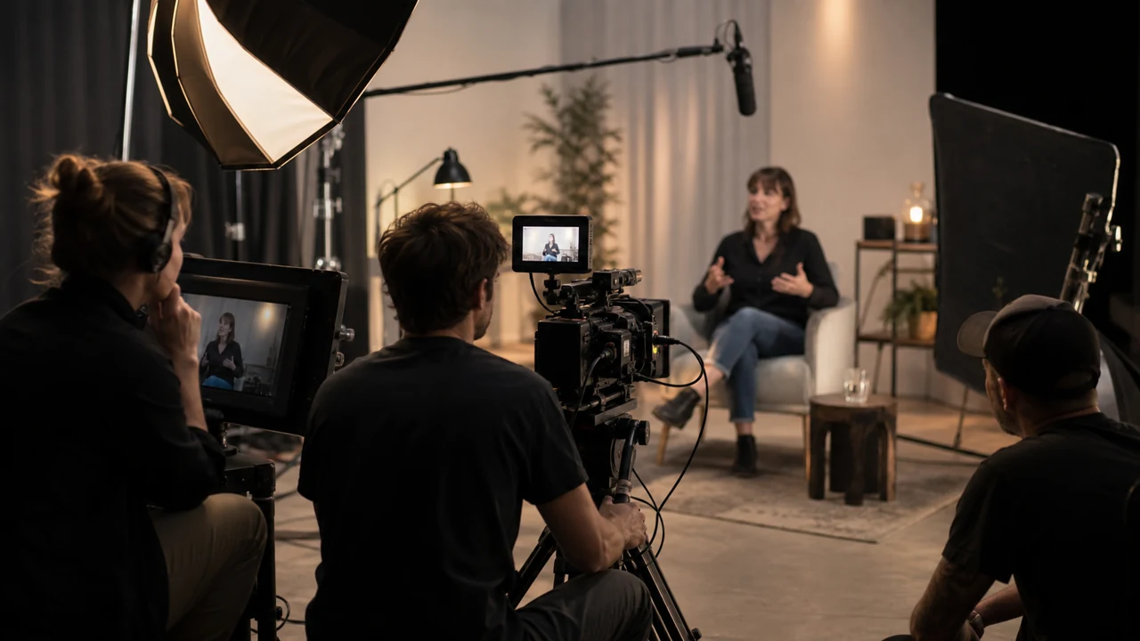 Content production crew filming an interview with a cinema camera, studio lighting, and boom microphone
