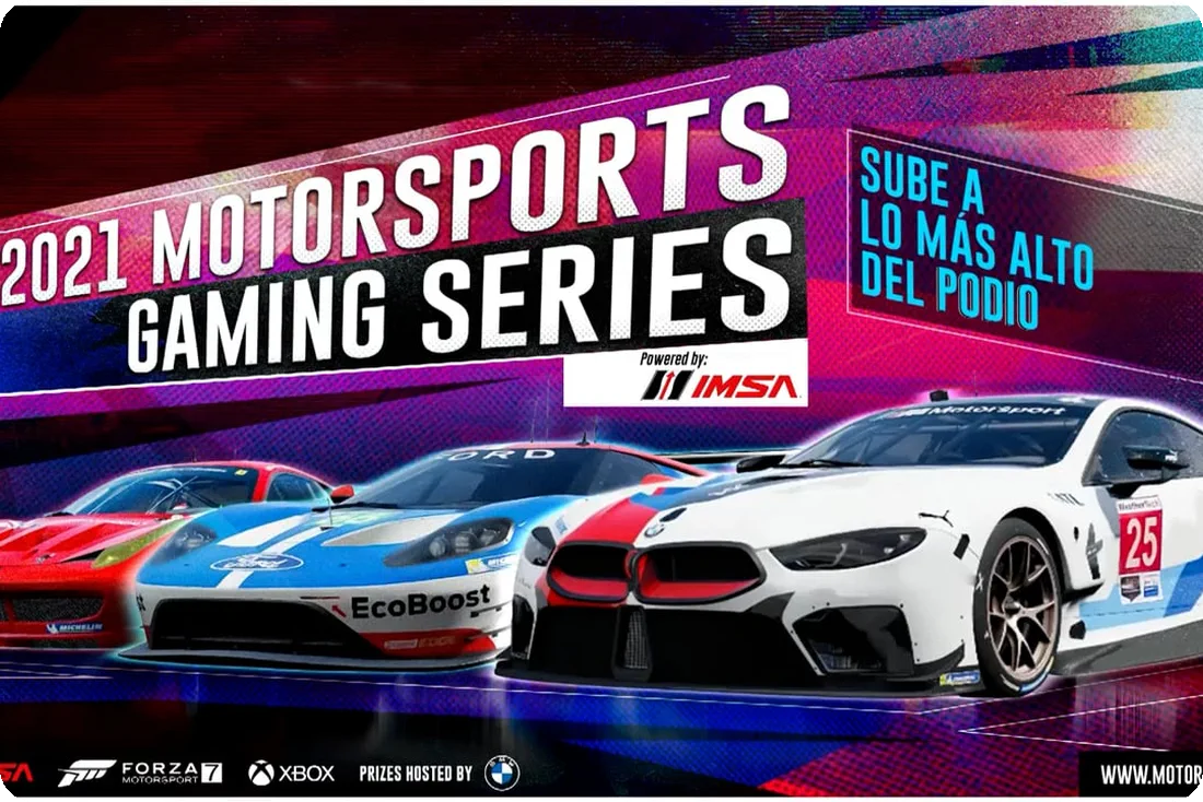 Motorsport gaming series artwork combining racing vehicles, competition, and digital entertainment