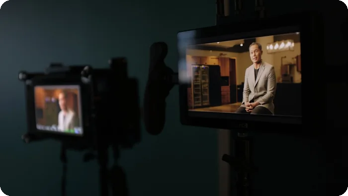 Interview production set with a camera and monitor framing a subject