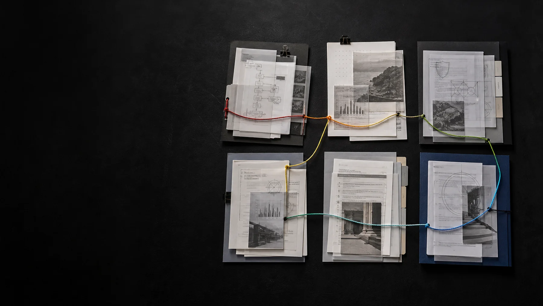 Six connected evidence dossiers showing how one B2B decision must satisfy user, champion, technical, commercial, procurement, and executive scrutiny