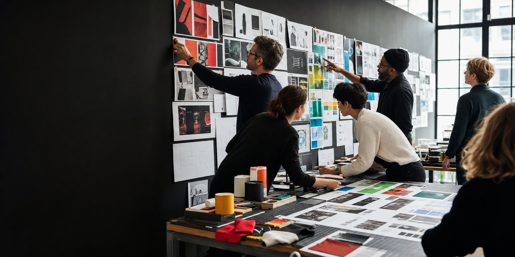 Creative team reviewing campaign, design, and production work across a working wall