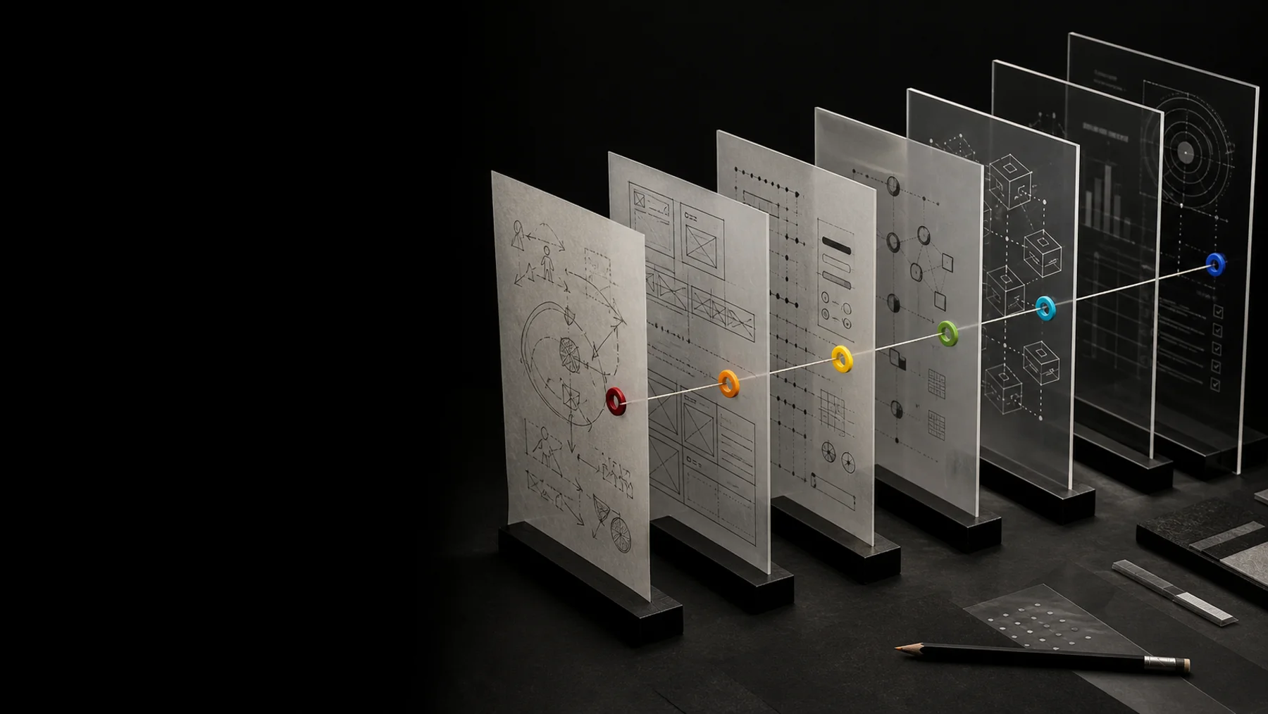Layered digital product workshop showing research, wireframes, interface, architecture, and release connected across one system