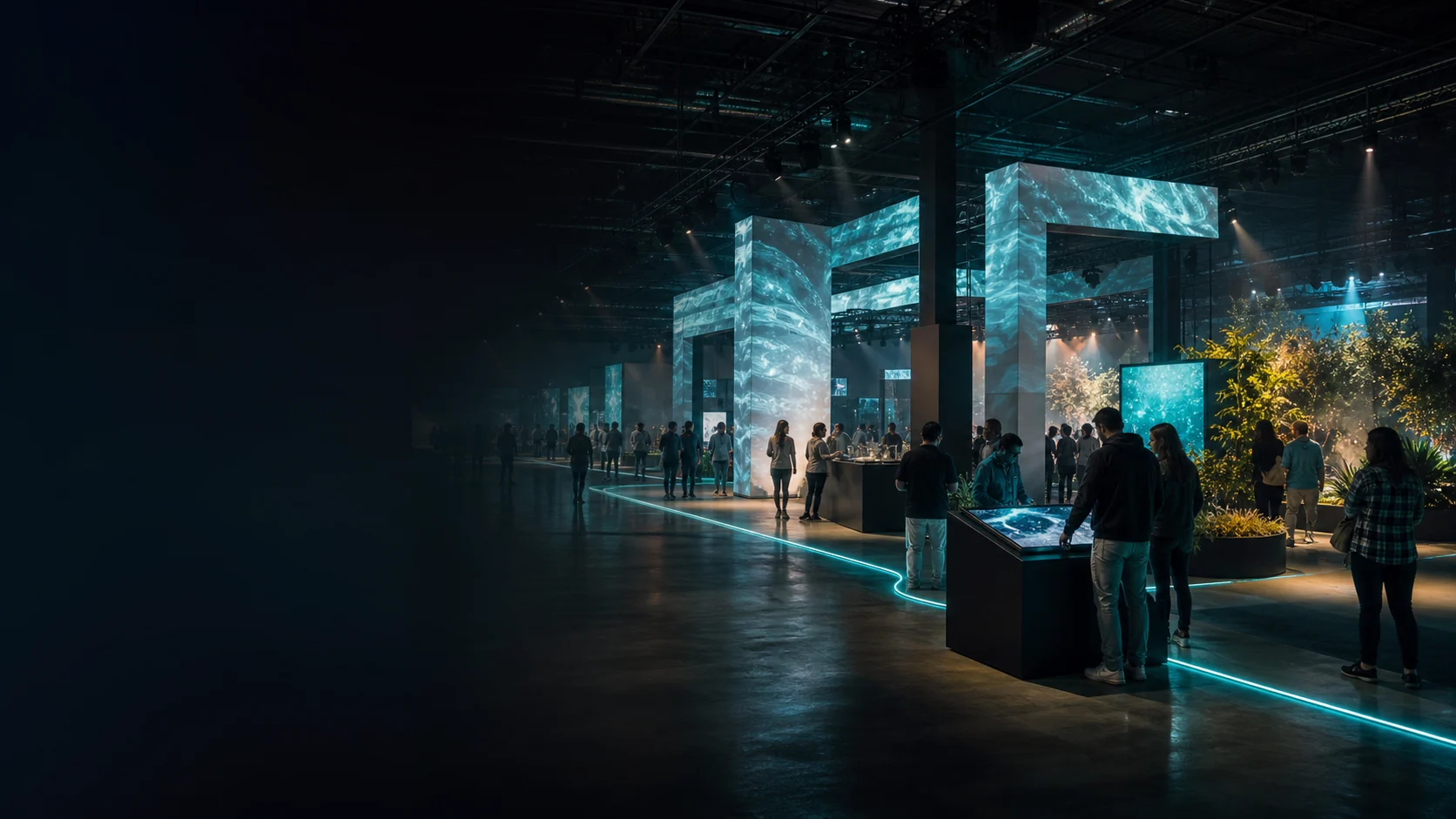 Visitors exploring an interactive physical-digital pavilion with illuminated installations and projection-mapped structures