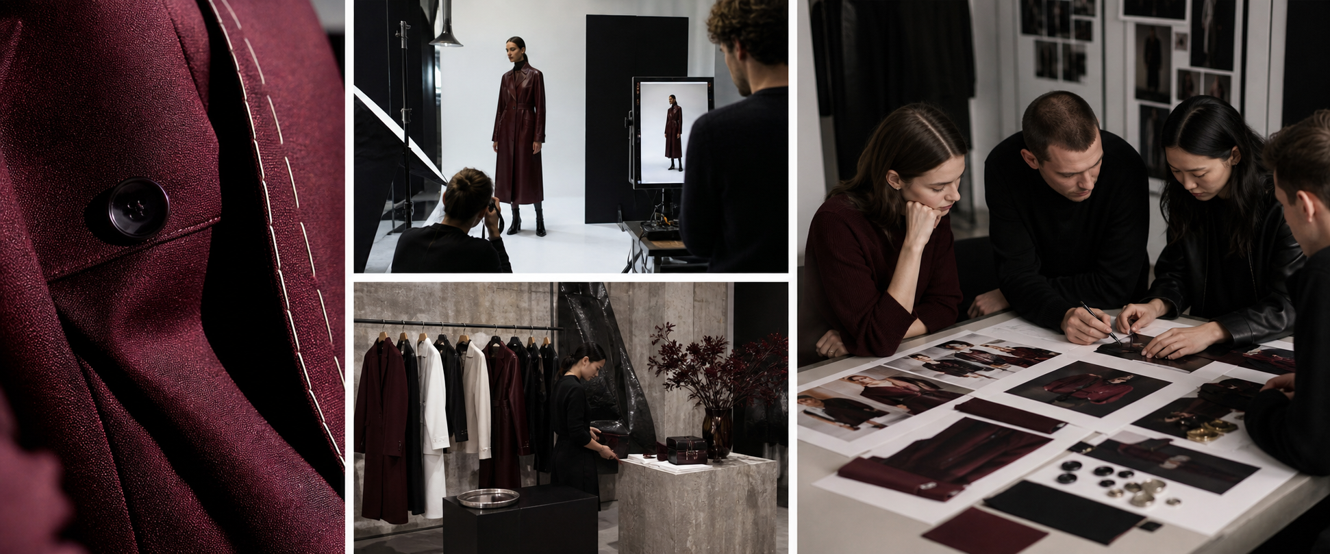 An editorial contact sheet showing garment craft, campaign production, a retail environment, and a multidisciplinary review team
