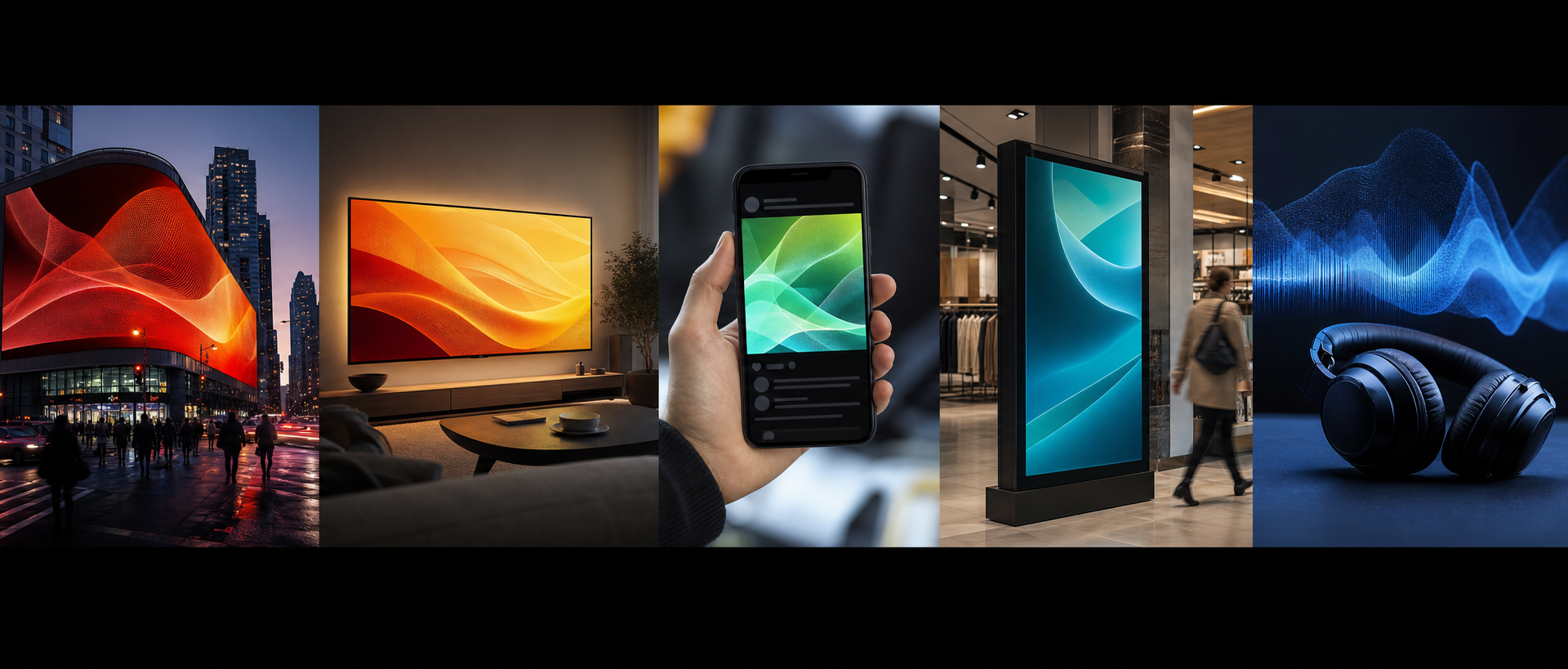 One abstract campaign appearing across digital out-of-home, connected television, mobile, retail media, and audio environments