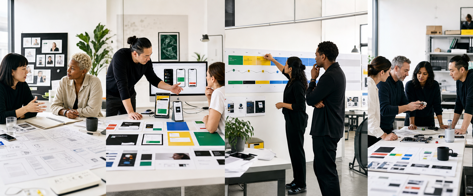 A four-part sequence of a technology team moving from product validation through launch and market growth
